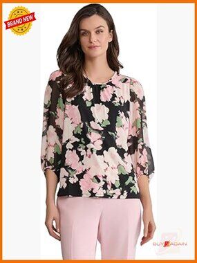 Long Sleeve Printed Chiffon Top, Floral Pattern, Balloon Sleeves, Workwear